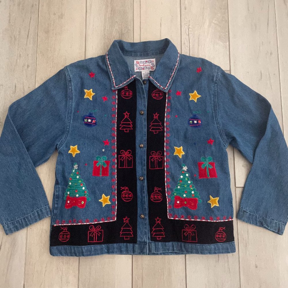 VTG Tantrums Christmas Embroidered Denim Shirt Jacket Size S Bell Buttons